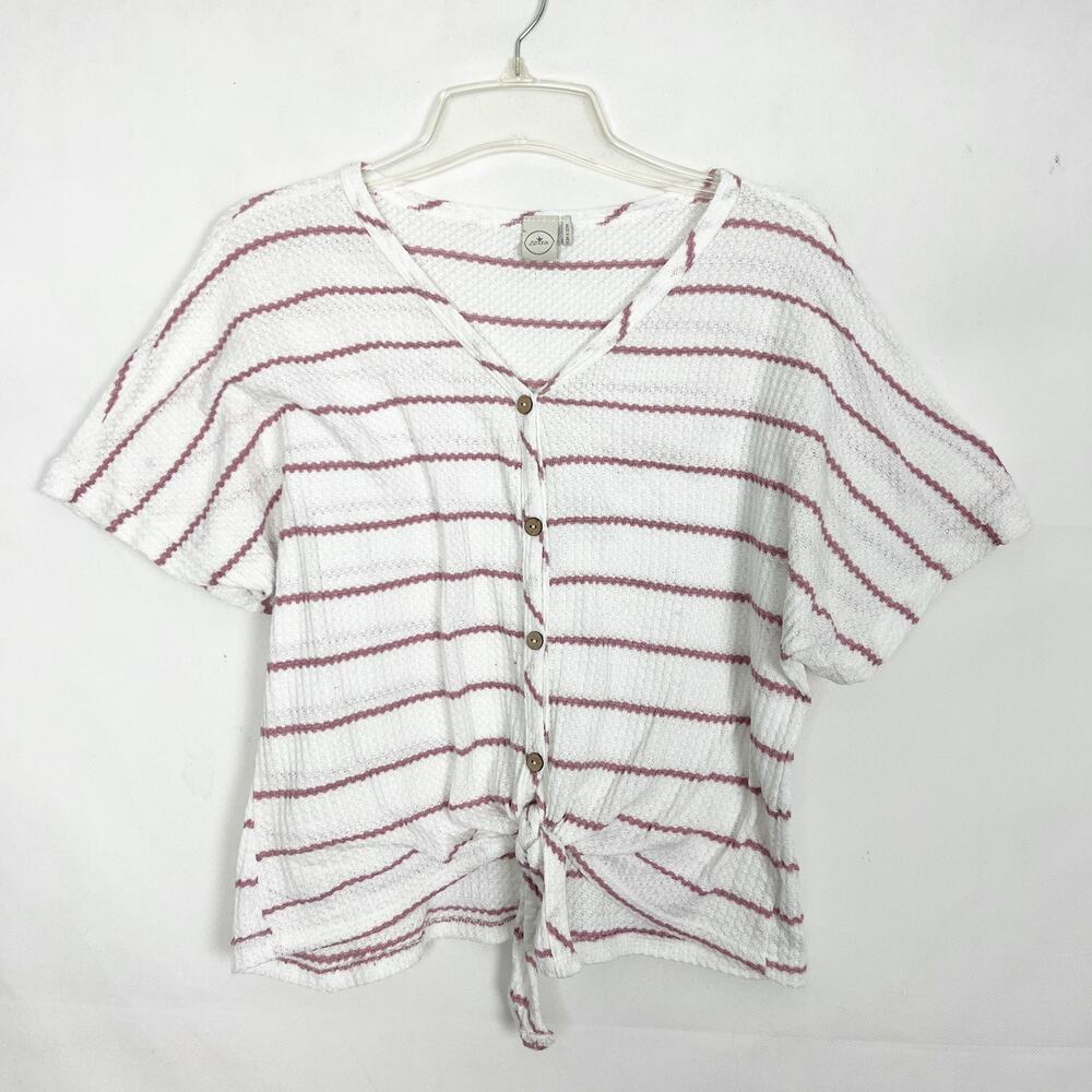 Paper Crane Waffle Knit Striped Knot Front Top Size M Button Down